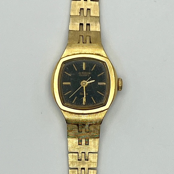 Citizen Vintage Rectangular Gold Plated Gold Black tones Ladies Watch Working - Picture 6 of 8